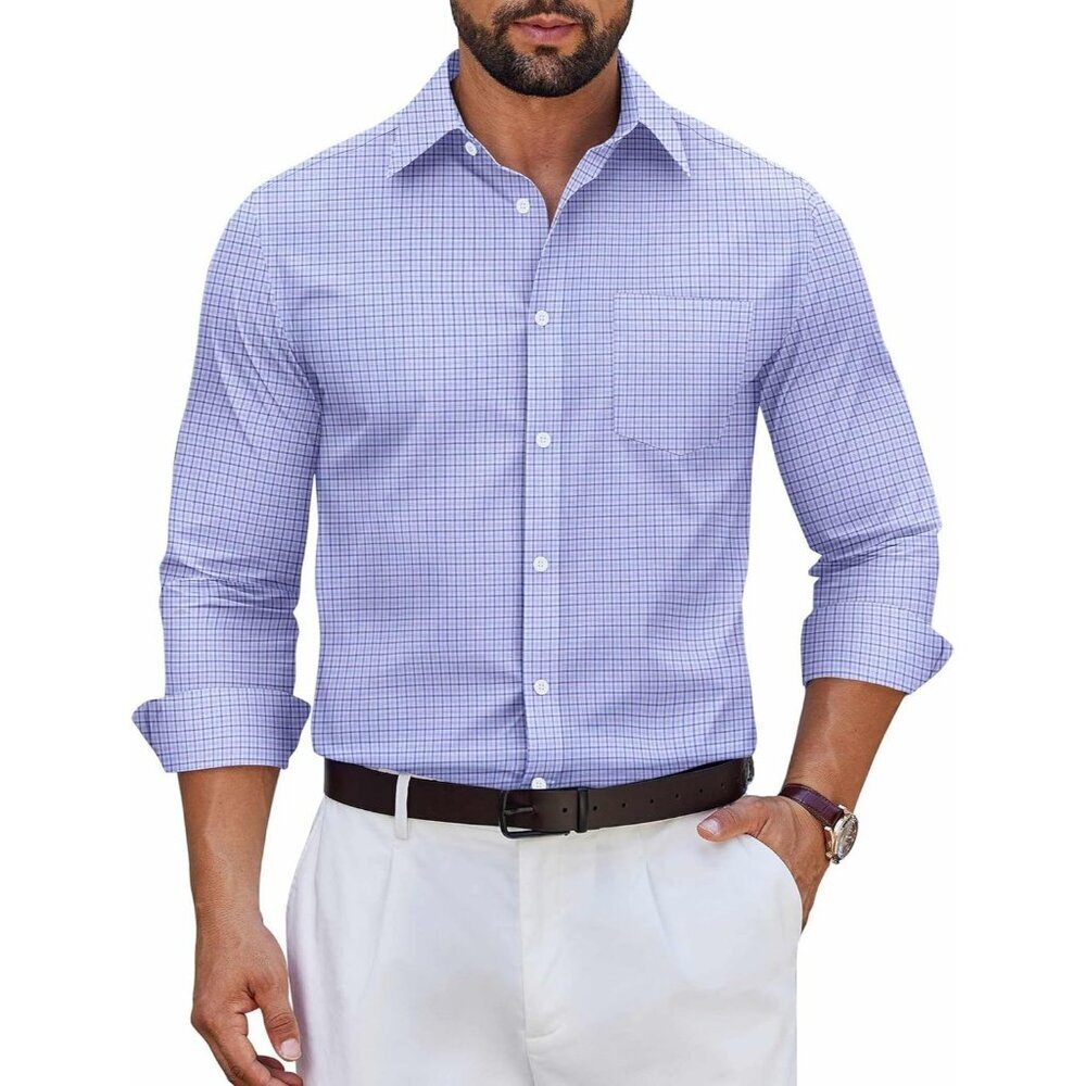 Men’s Long Sleeve Plaid Dress Shirt, Cotton Button-Down Wrinkle-Free Blue Plaid